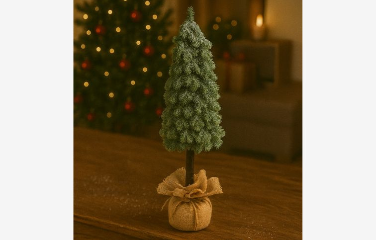 Stromček na pníku zelený poprašený v jute 55 cm