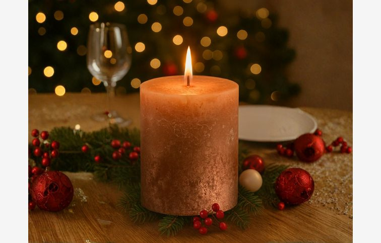 Sviečka Bolsius Rustic, valcová, Vianoce, Sunset Creamy Caramel+ Copper, 80/68 mm