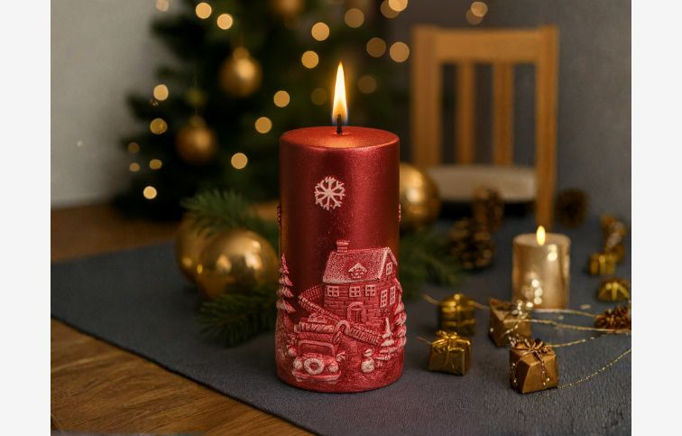 Sviečka MagicHome Vianoce, 7x12,5 cm, valcová, červená, s 3D krajinkou