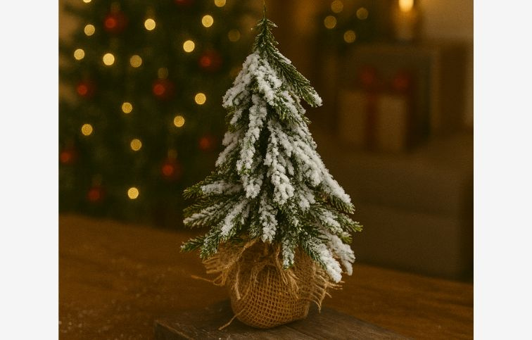 Stromček 3D čečina zasnežený v jutovom obale 20 cm