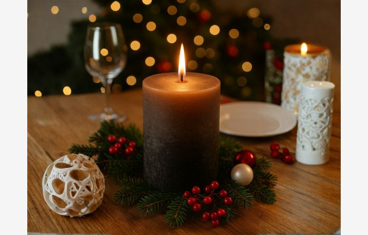 Sviečka Bolsius Rustic, valcová, Vianoce, Sunset Creamy Caramel+ Anthracite, 80/68 mm