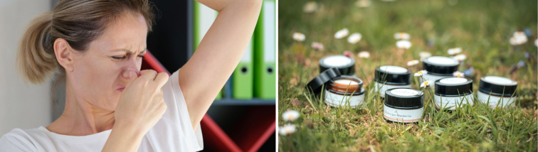 Žena ucpaná za nos kvůli zápachu z podpaží vedle řady krémových deodorantů Anela v trávě.