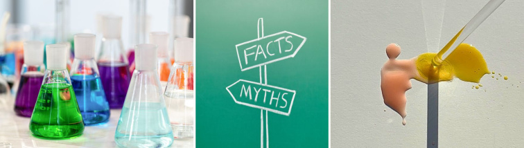 mýty a fakta - laboratorní baňky s barevnými sloučeninami proti míchání krému z hydratačního a Bezstarostného séra