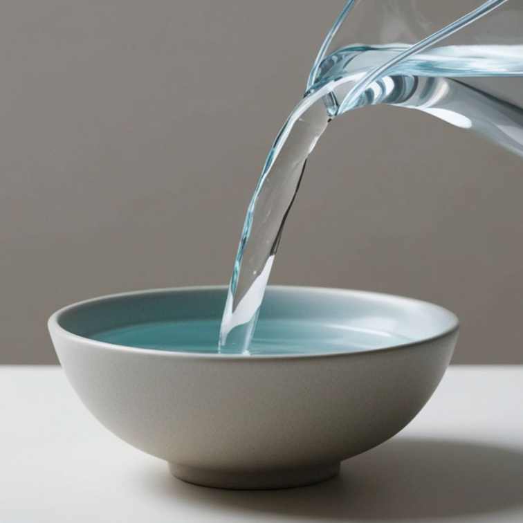 voda tekoucí z láhe do misky jako symbol neustálé hydratace