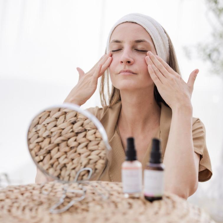 žena aplikující si před zrcadlem pleťovou kosmetiku