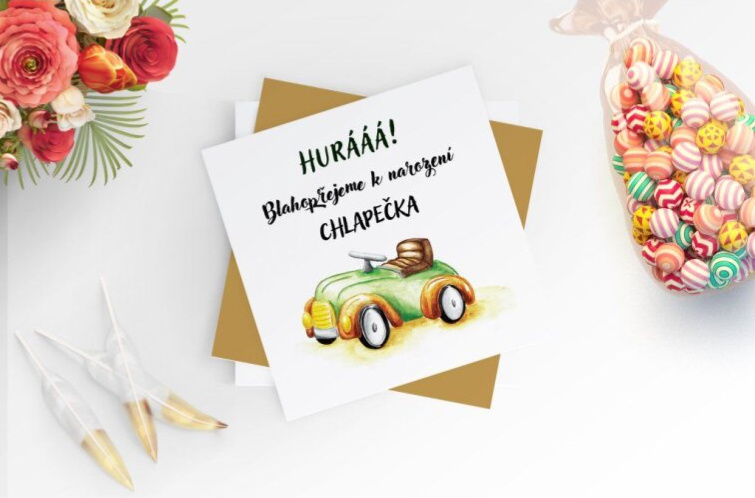 Přáníčko narození dítěte - chlapeček auto