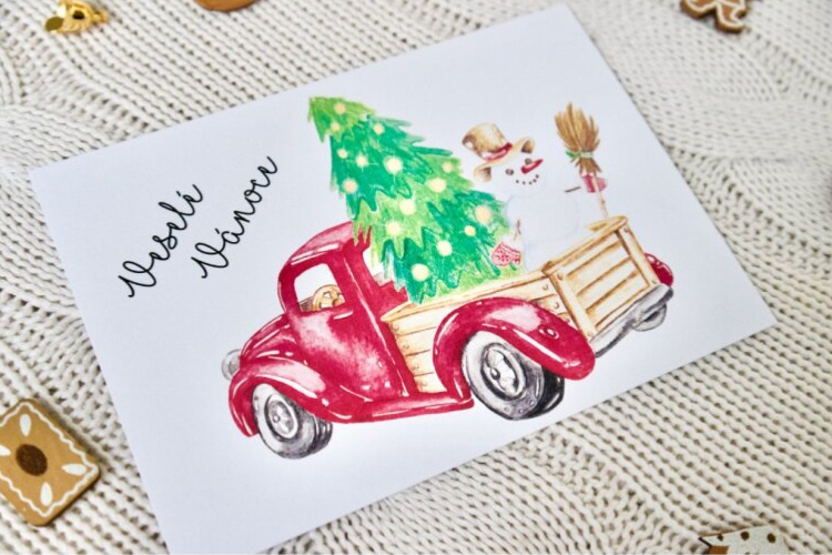 Pohlednice vánoční - auto se stromem a sněhulákem
