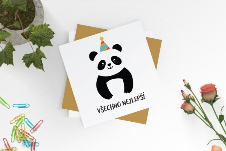 Přáníčko k narozeninám a svátku - panda slaví