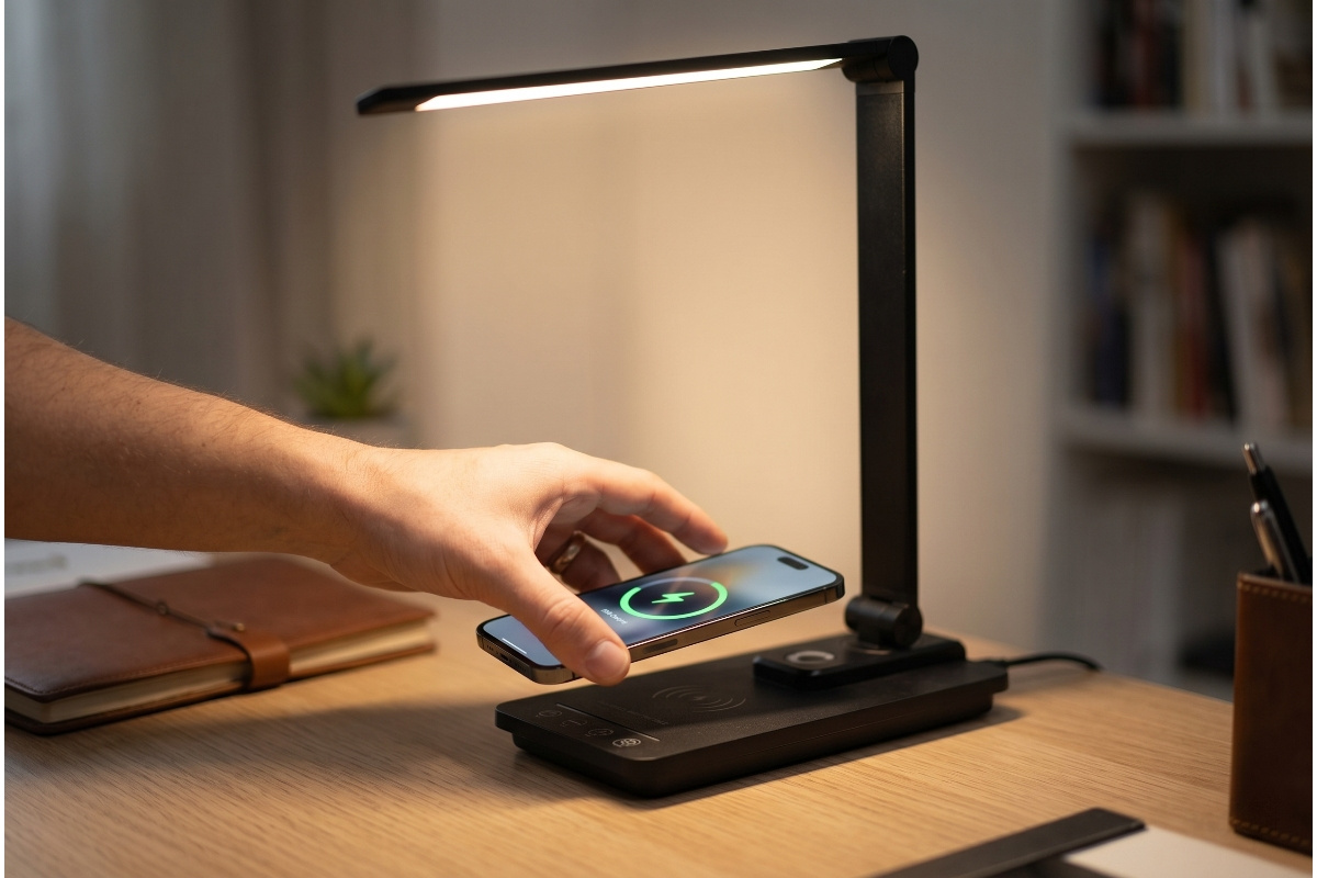 Bezdrôtová nabíjačka s LED lampou a USB