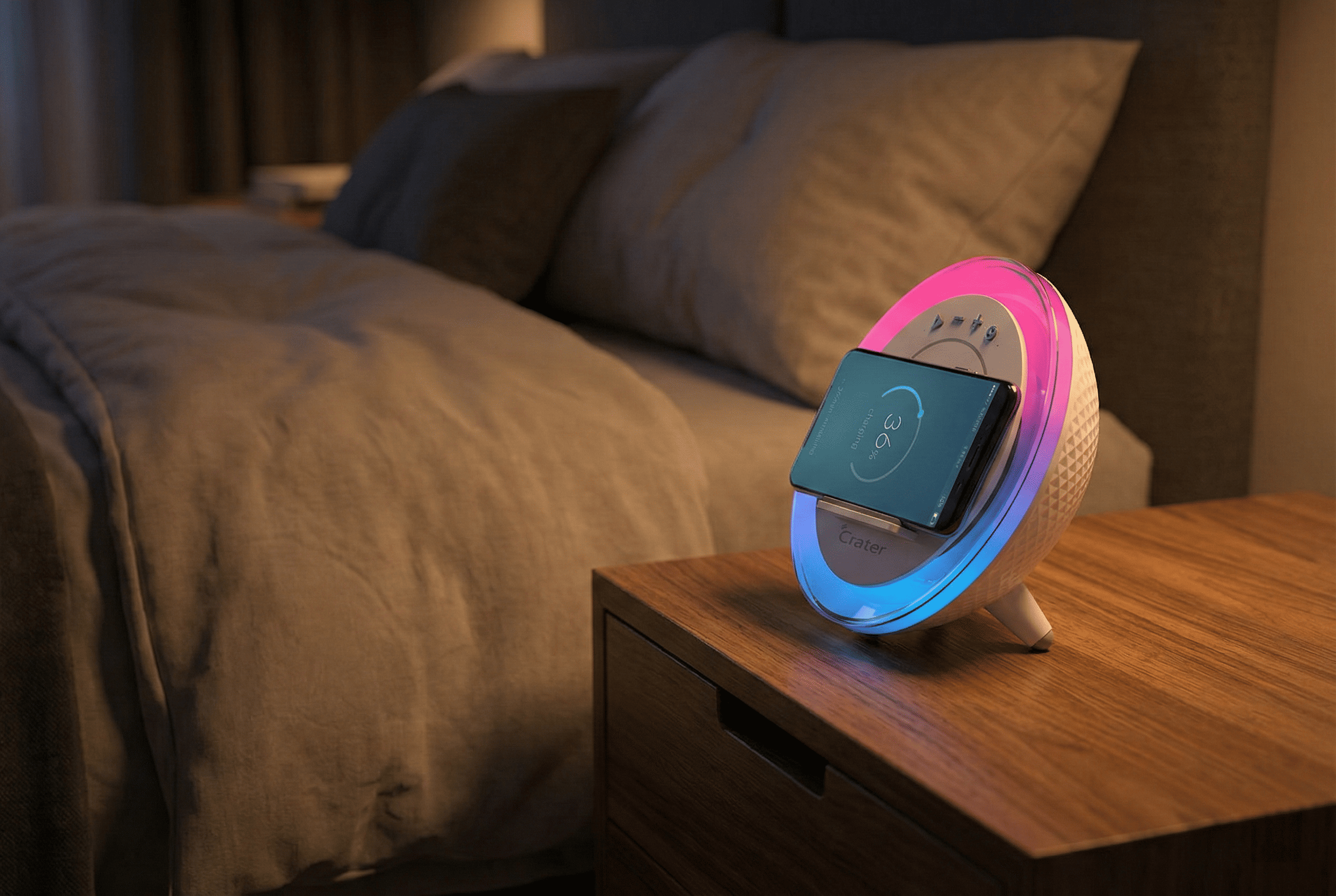 Orava Crater-9 - Nočná lampa s RGB svetlom, nabíjačkou smartfónu a reproduktorom