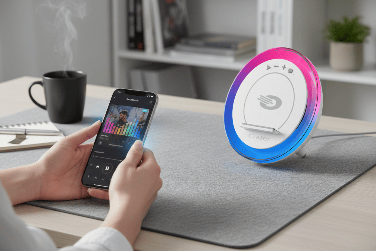 Orava Crater-9 - Nočná lampa s RGB svetlom, nabíjačkou smartfónu a reproduktorom