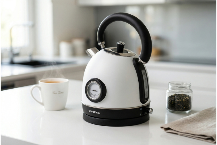 Orava Hiluxe-4 - Retro kanvica s analógovým teplomerom, biela