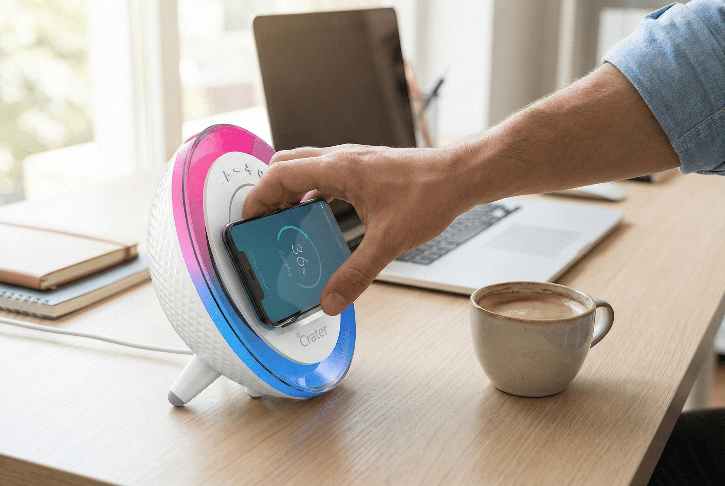 Orava Crater-9 - Nočná lampa s RGB svetlom, nabíjačkou smartfónu a reproduktorom