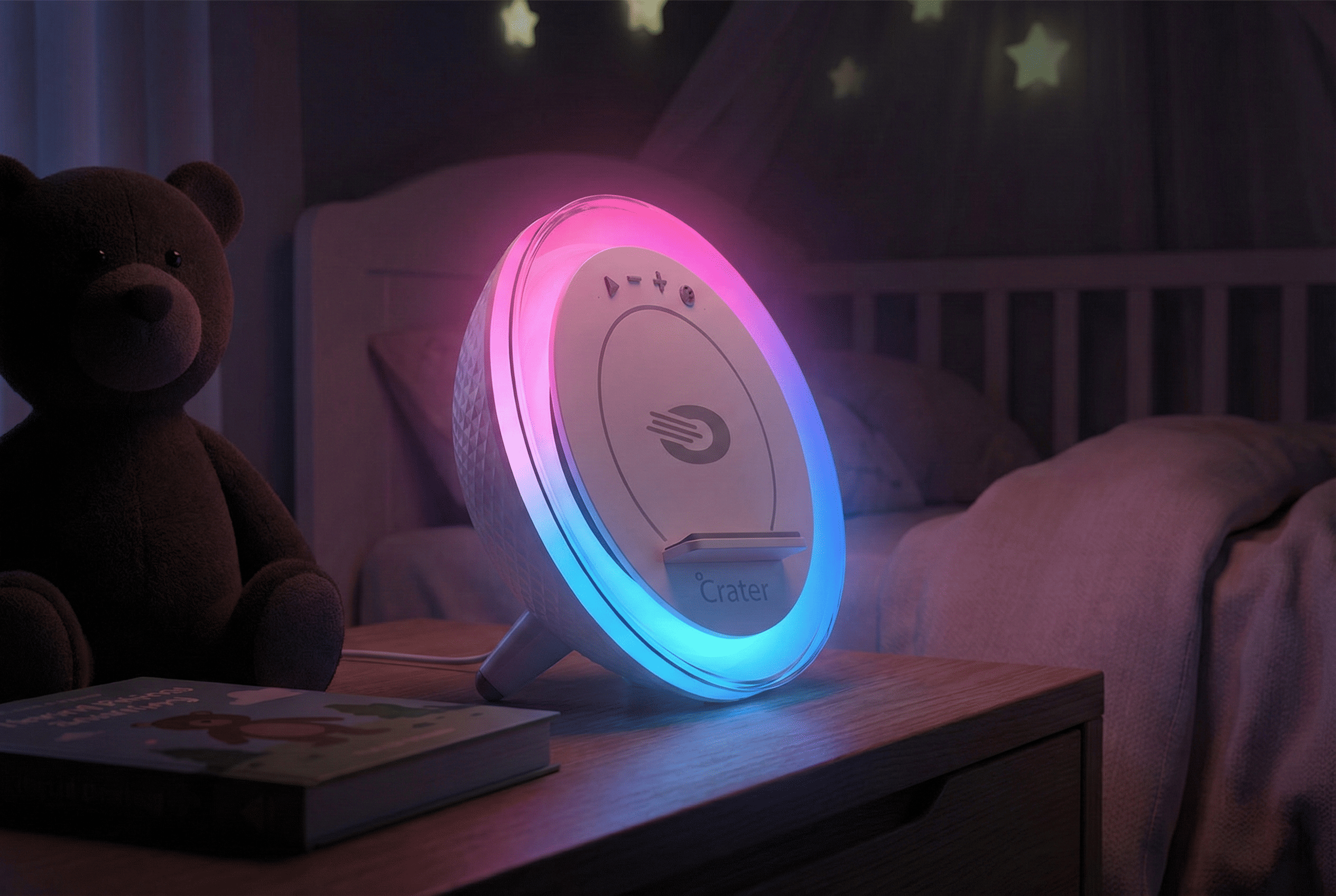 Orava Crater-9 - Nočná lampa s RGB svetlom, nabíjačkou smartfónu a reproduktorom