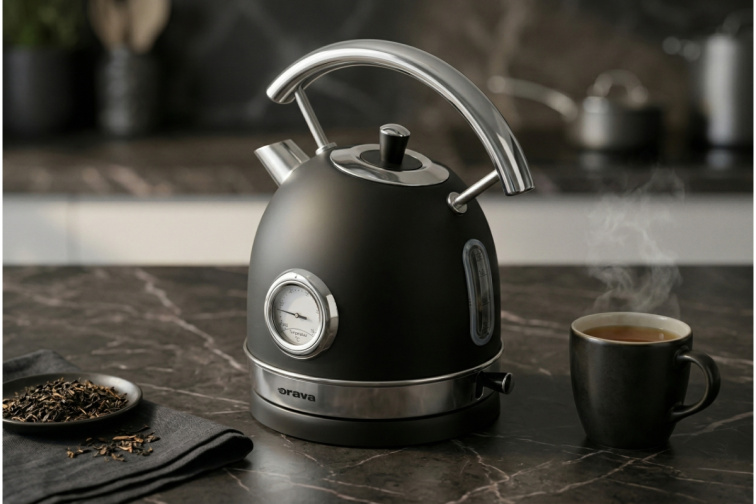 Orava Hiluxe-5 - Retro kanvica s analógovým teplomerom, čierna