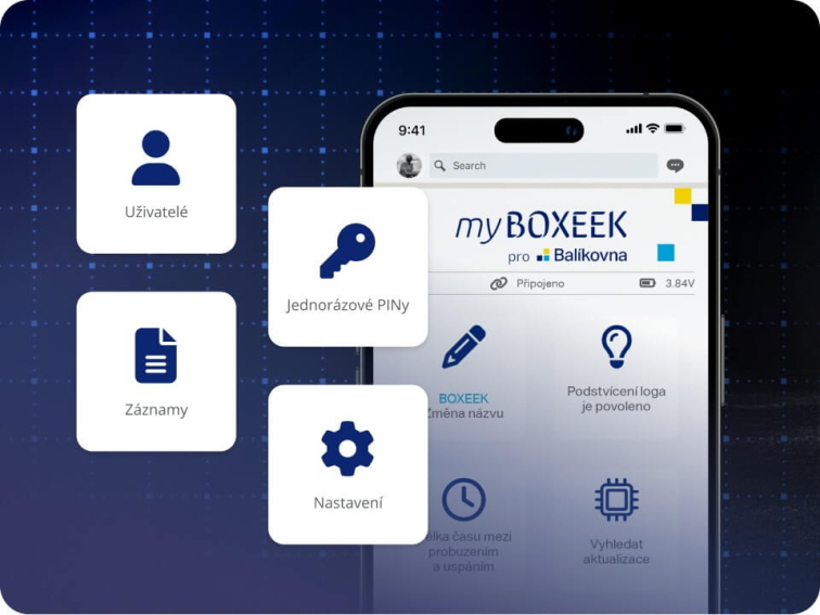 Mobilní aplikace MyBOXEEK pro správu balíkového boxu, uživatelů, jednorázových PINů a přístupů pomocí RFID a NFC