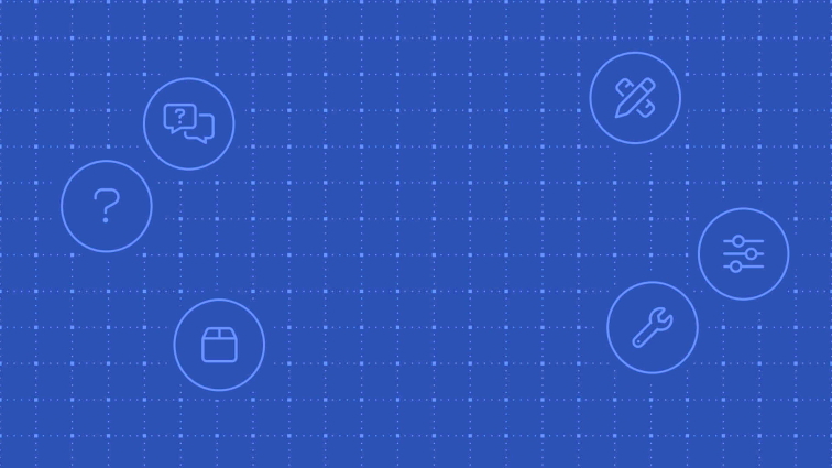 Ilustrativní pozadí s ikonami podpory, nastavení a balíku v modrém provedení