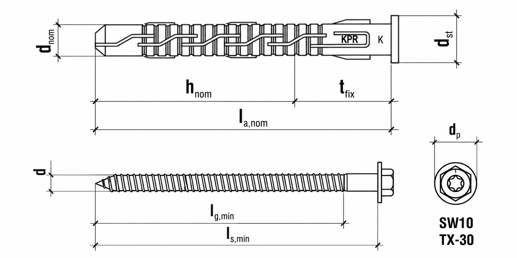 8x80mm - 1 Karton (8x50 ks) - Rámové hmoždinky se plochým límcem a šroubem se 6HR hlavou, TX30/SW10, KPR-FAST