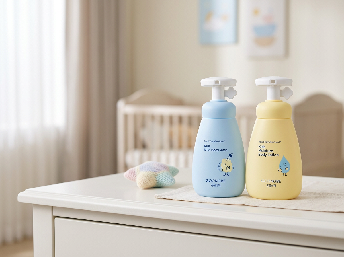 GOONGBE Kids Sada pro dětskou pokožku – Jemný sprchový gel 300 ml + Hydratační tělové mléko 250 ml
