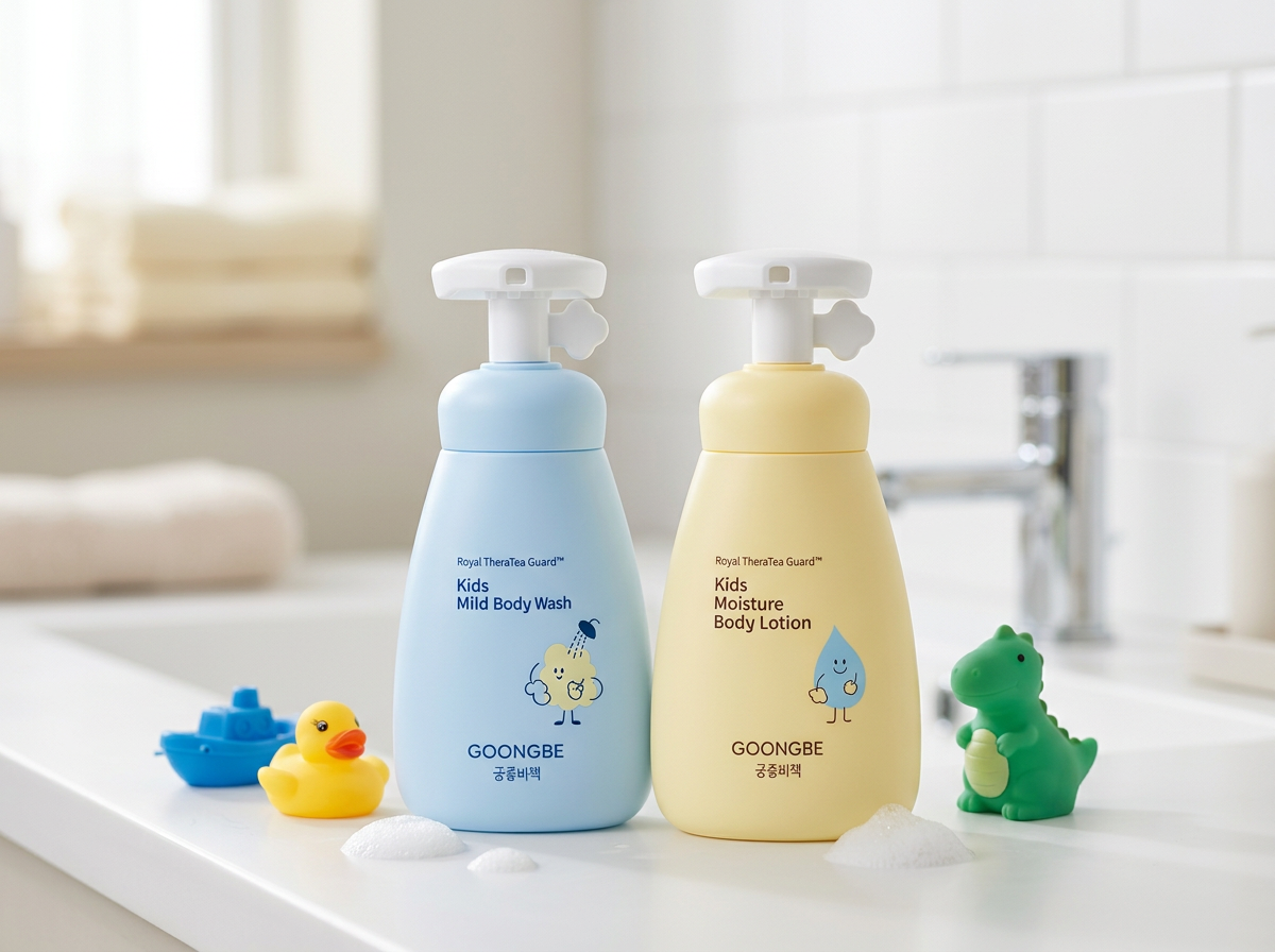 GOONGBE Kids Sada pro dětskou pokožku – Jemný sprchový gel 300 ml + Hydratační tělové mléko 250 ml