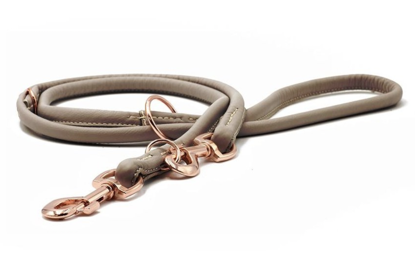 Kožené vodítko kulaté taupe/růžovozlaté kování