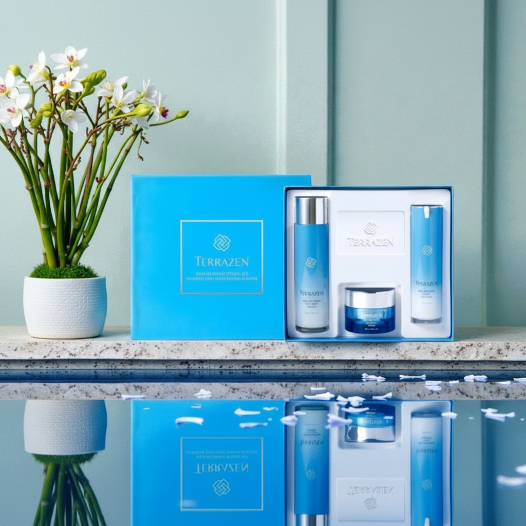 TERRAZEN - AQUA RECHEARGE SPECIAL SET - Hydratační dárková sada pro okamžitý komfort, obnovu bariéry a dlouhodobou hydrataci pleti 3 ks Limitovaná edice