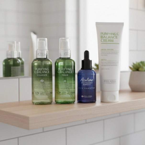 Cell By Cell - Purifying & Calming Routine Set - Salonní péče pro mastnou a aknózní pleť s extrakty tea tree, centella asiatica a kyselinou hyaluronovou 4 produkty