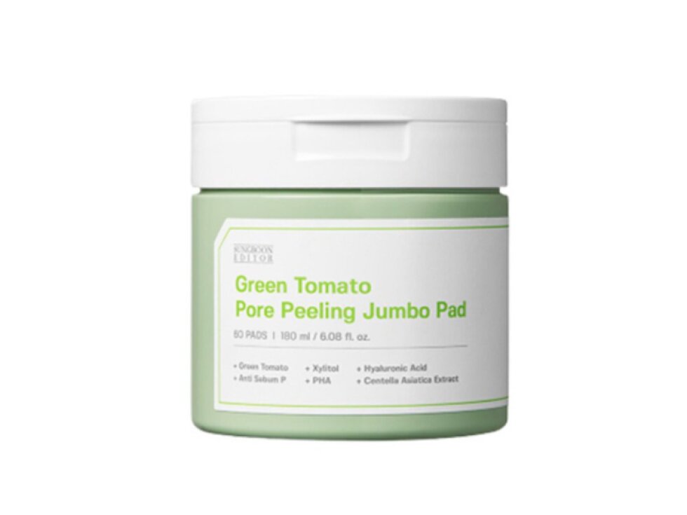SUNGBOON EDITOR - GREEN TOMATO PORE PEELING JUMBO PAD - Peelingové tampony se zeleným rajčetem pro hloubkové čištění pórů a sjednocení pleti 60 ks