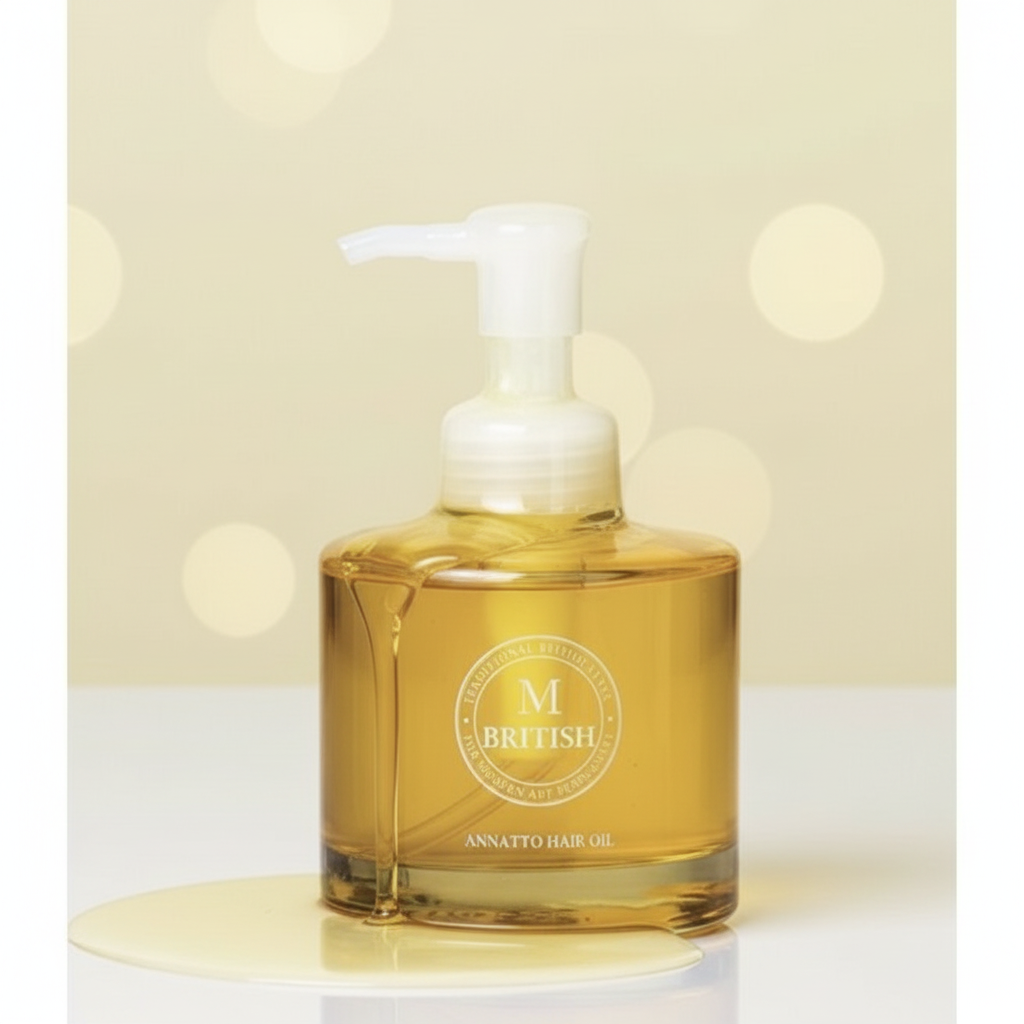 Přírodní annatto olej na vlasy BRITISH M pro regeneraci a ochranu vlasů