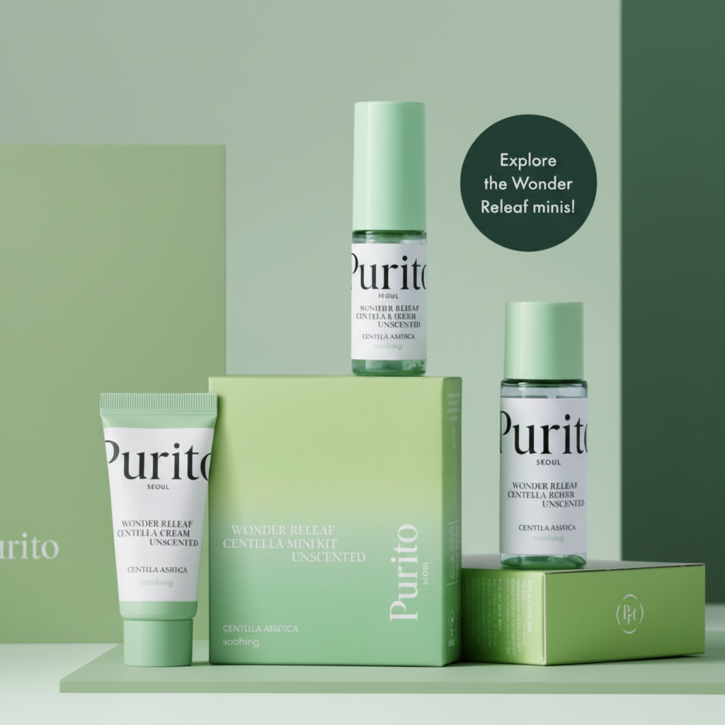 PURITO SEOUL – WONDER RELEAF CENTELLA MINI KIT UNSCENDED – Zklidňující mini sada s Centella Asiatica pro citlivou pleť bez parfemace