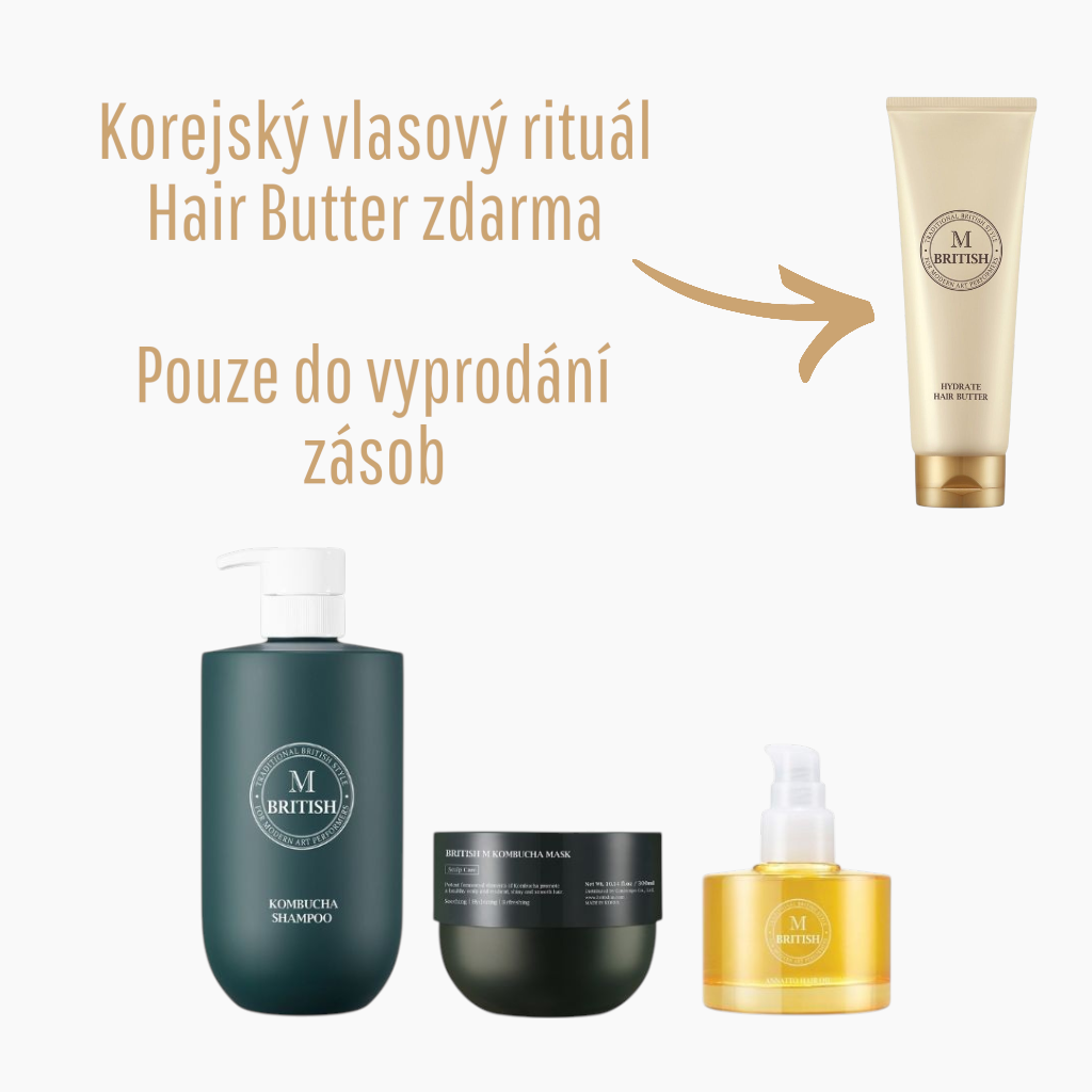 British M - Luxusní korejský vlasový rituál - Kombucha šampon, kombucha kondicionér a annatto oil 3 produkty Hair Butter ZDARMA