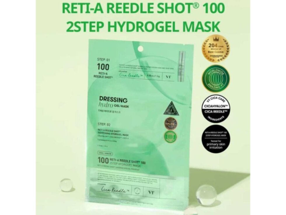 VT - RETI-A REEDLE SHOT 100 2 STEP HYDROGEL MASK - Dvoukroková regenerační hydrogelová maska s retinoidy a CICA REEDLE™ 1,5 g a 33 g