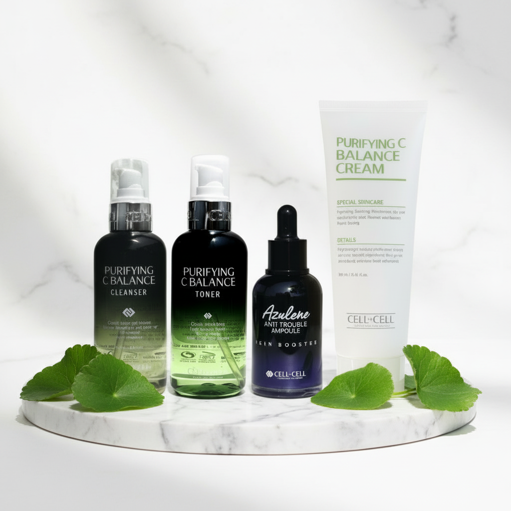 Cell By Cell - Purifying & Calming Routine Set - Salonní péče pro mastnou a aknózní pleť s extrakty tea tree, centella asiatica a kyselinou hyaluronovou 4 produkty