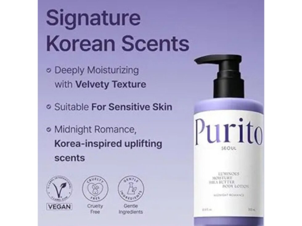PURITO SEOUL - LUMINOUS MOISTURE SHEA BUTTER BODY LOTION MIDNIGHT ROMANCE - Tělové mléko s bambuckým máslem a vůní Noční romantika 300 ml