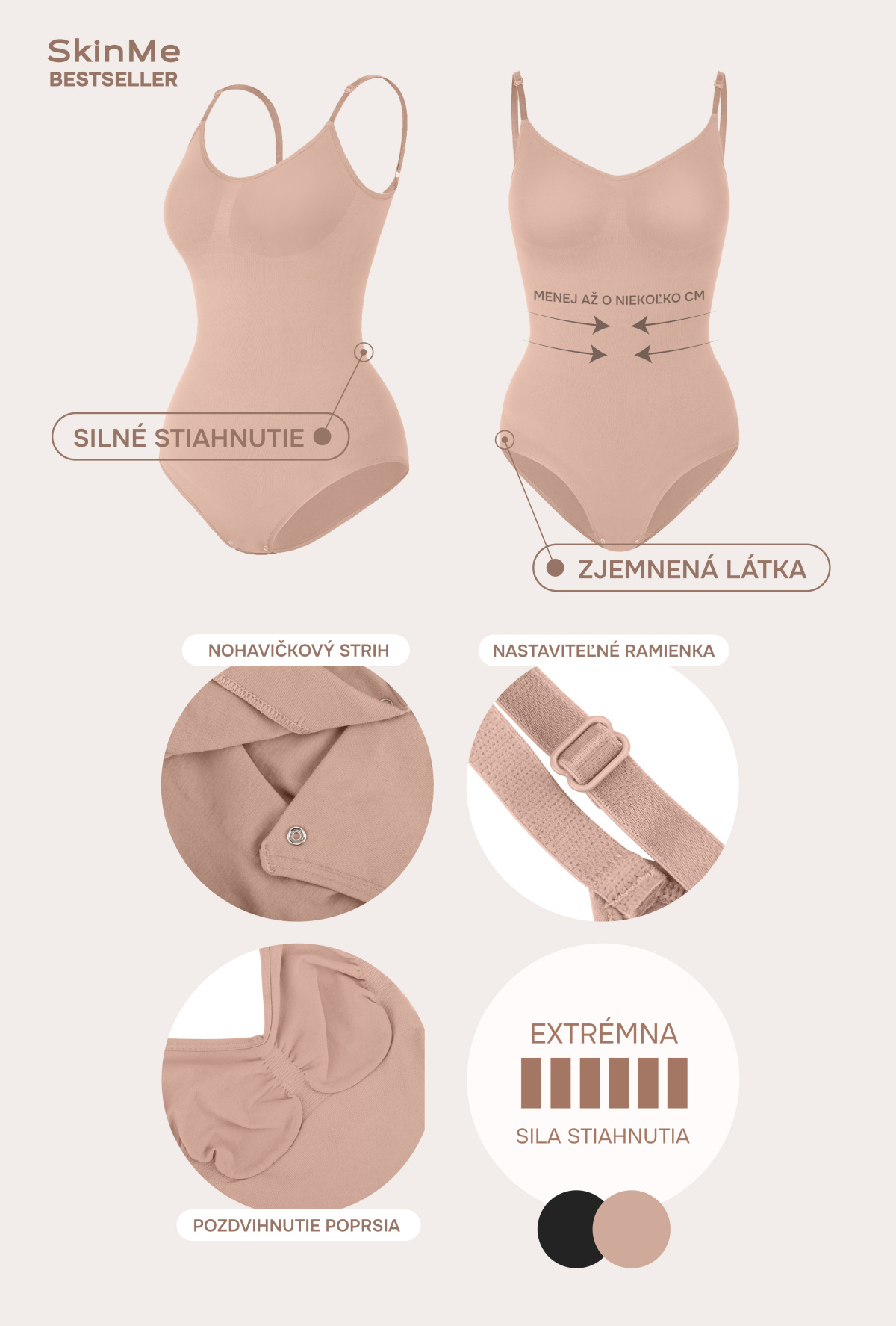 Tvarujúce body na ramienka s klasickým nohavičkovým strihom, ČIERNE