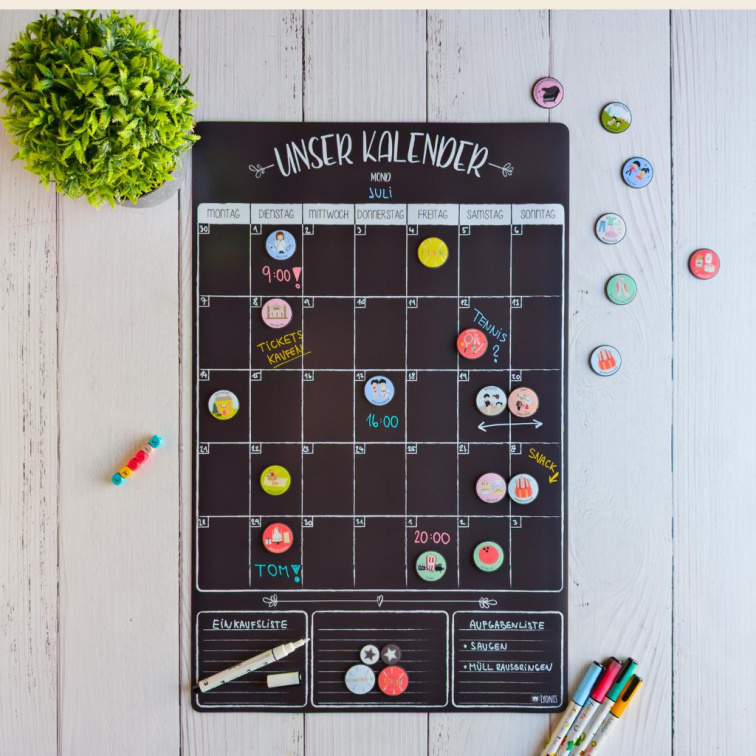 Magnetischer Familienkalender Schwarz – undatiert & wiederbeschreibbar