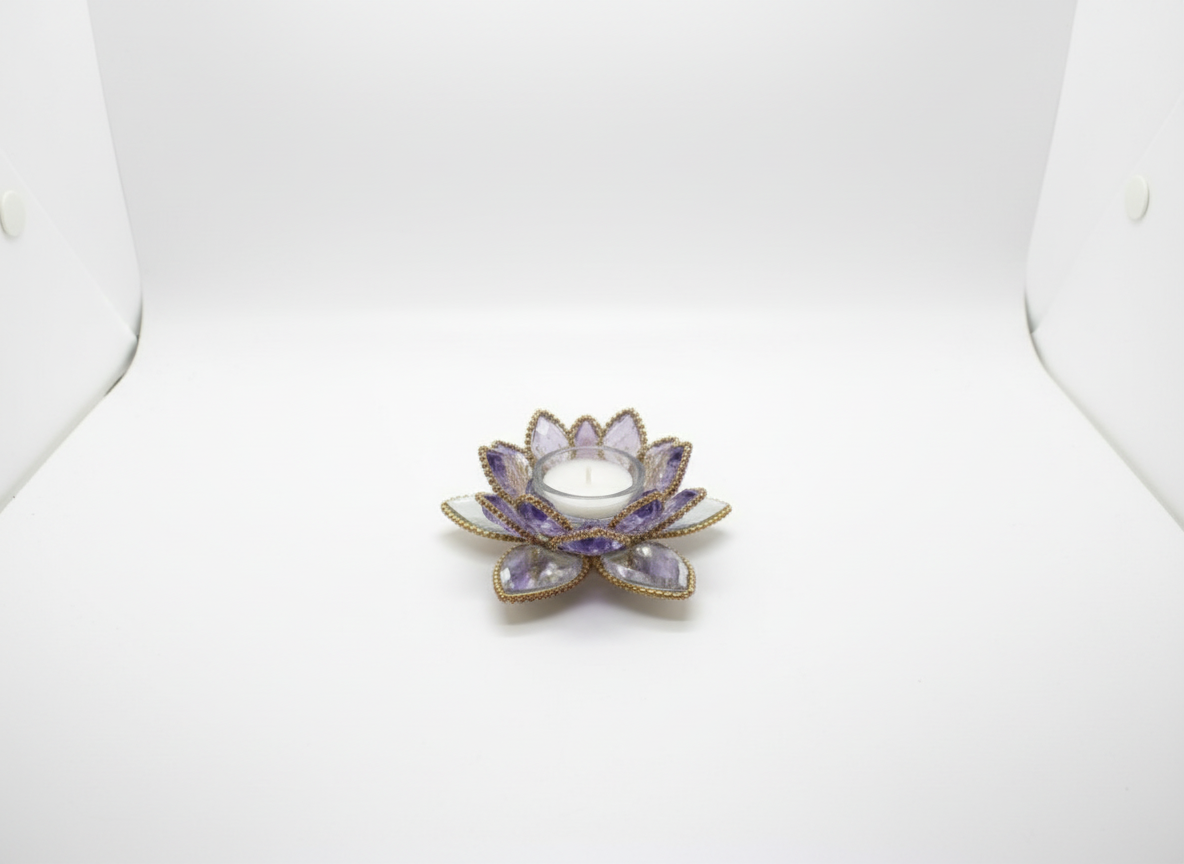 Křištálový lotos svícen 14cm - barevný s kamínky