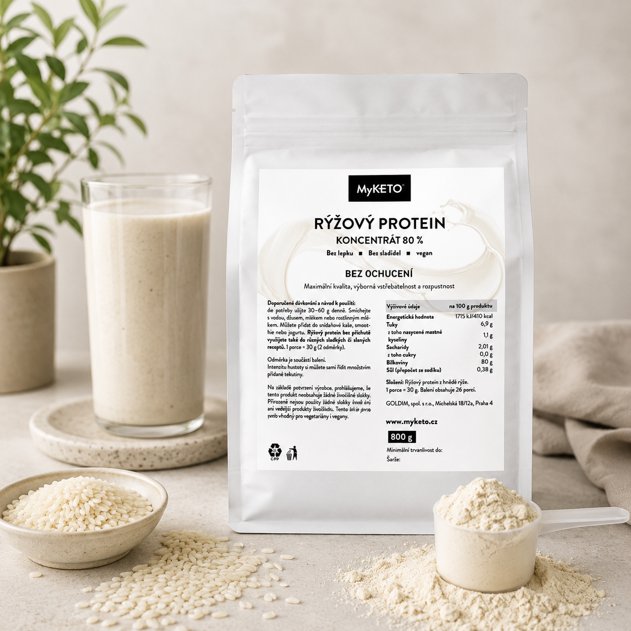 Rýžový protein bez příchutě, 800g