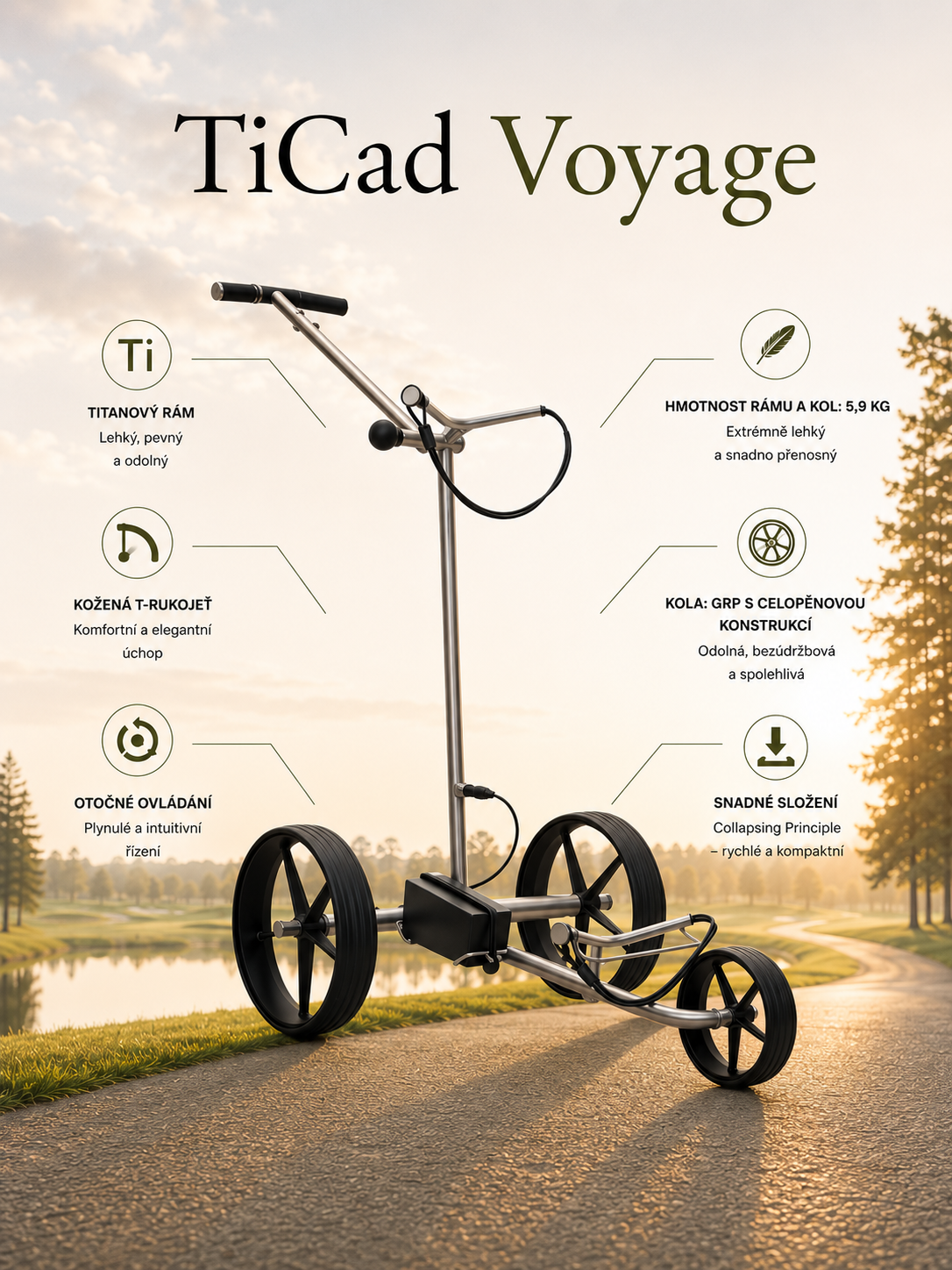 TiCad Voyage elektrický titanový golfový vozík