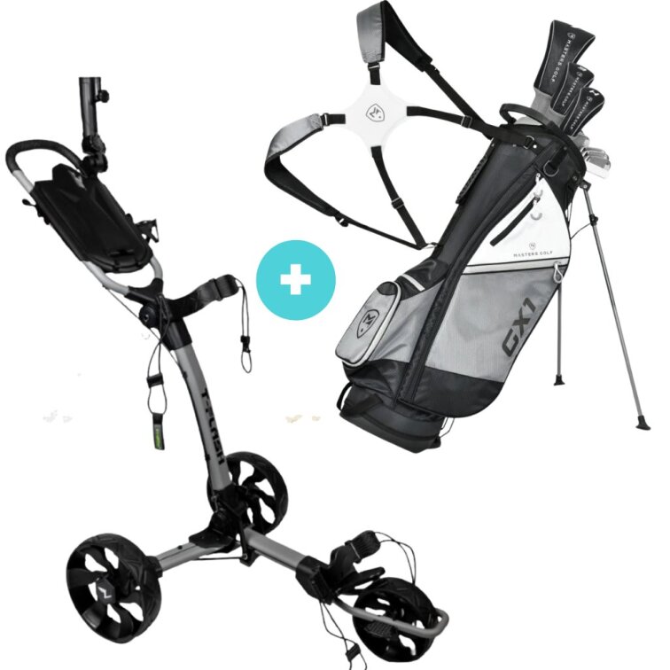 Masters kompletní golfový set pánský RH ocel + TriLite T-Flash ruční golfový vozík - šedo-černý