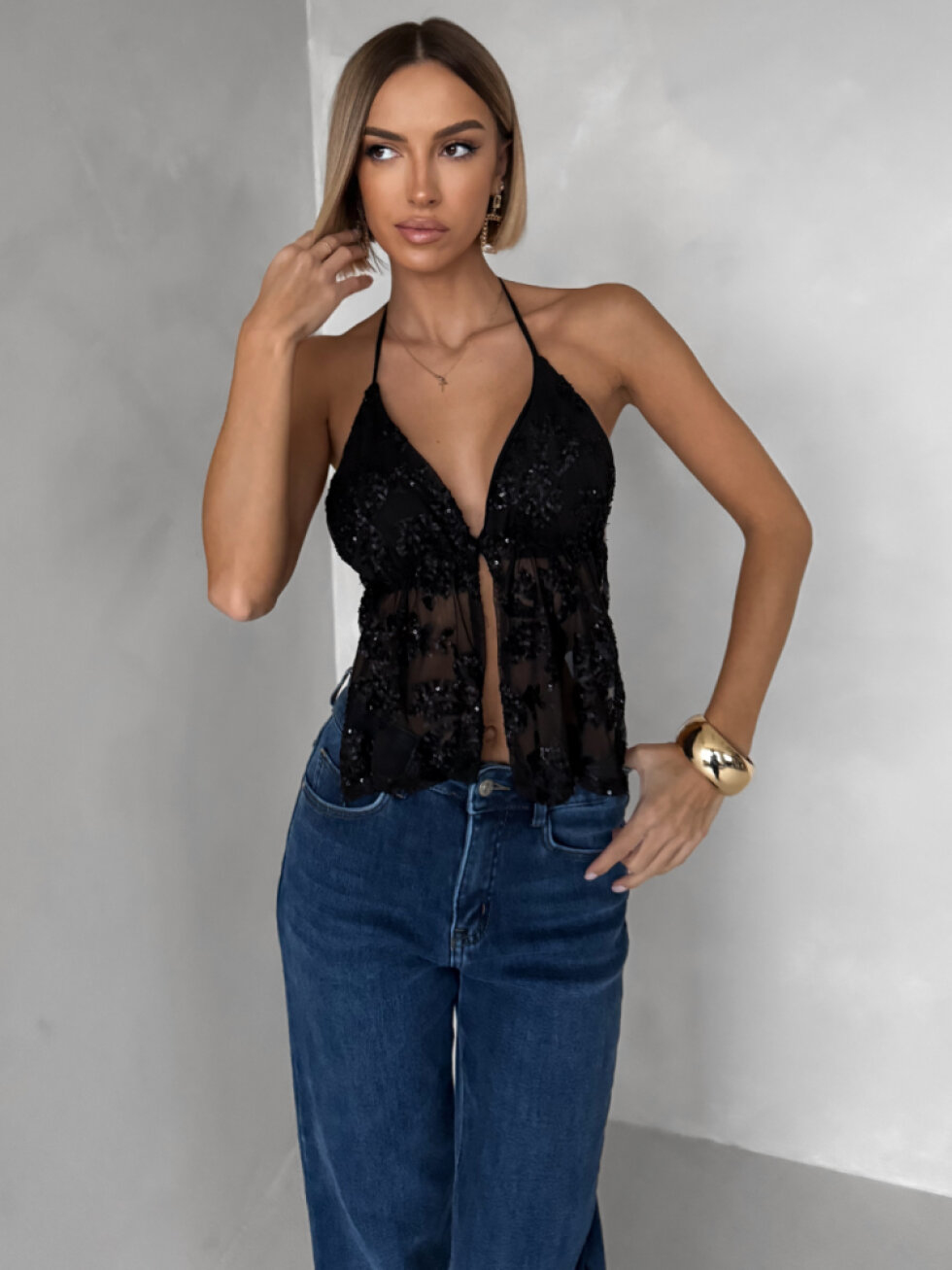 Černý třpytivý top SCARLET s flitry