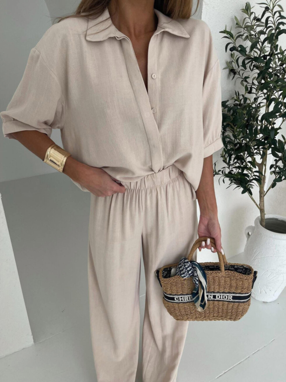 Béžový 100% len kalhotový košilový komplet ORIANA