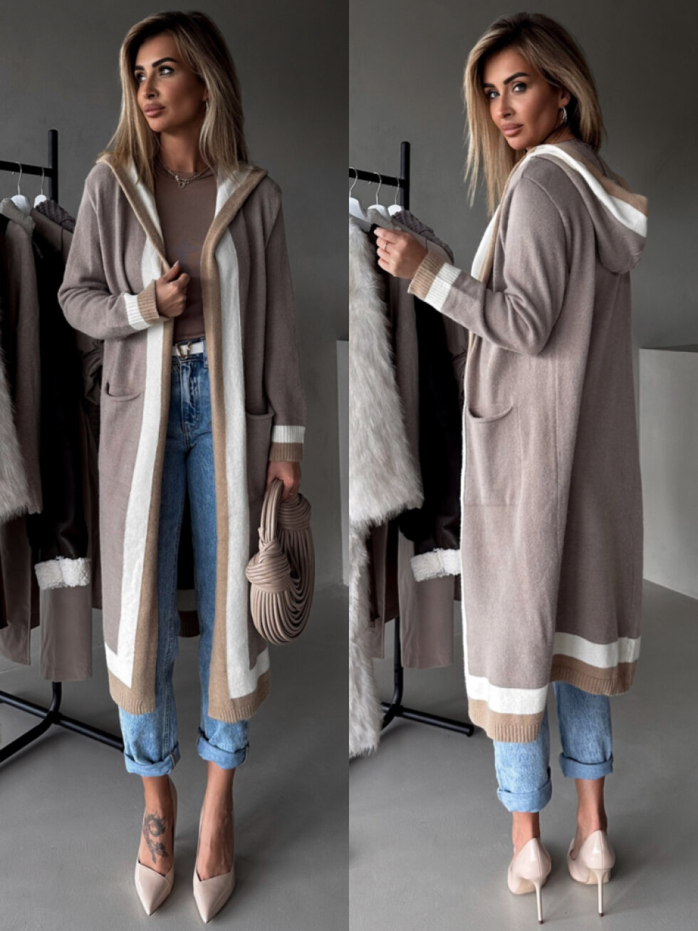 Béžový dlouhý cardigan ERYKA s kapucí