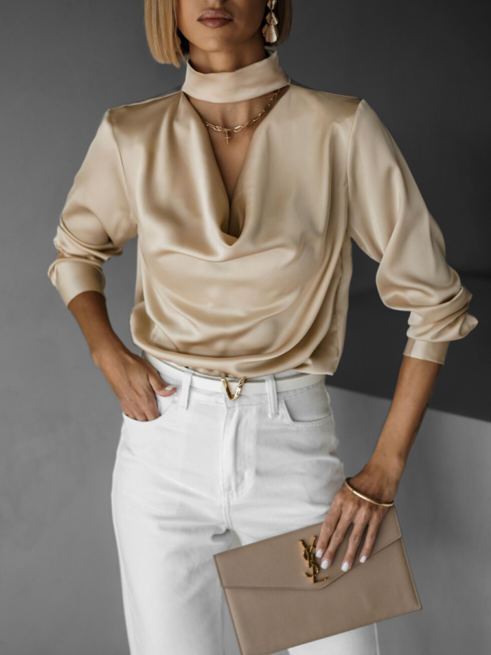 Krémová elegantní saténová halenka MELMUSA