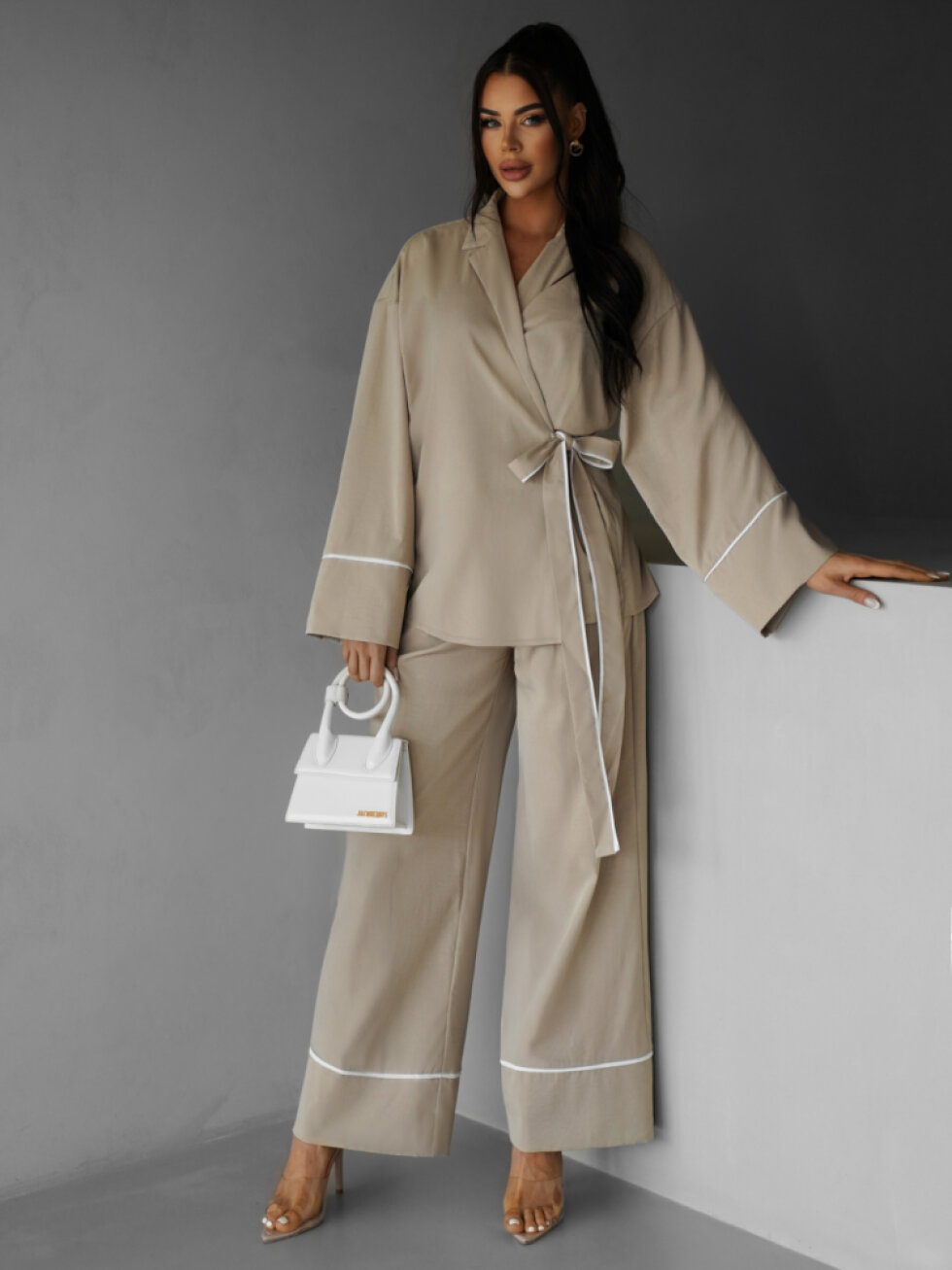 Béžový kalhotový komplet kimono SORENA