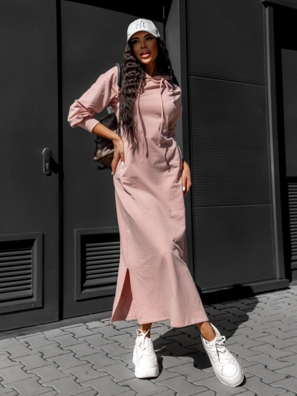 Starorůžové dlouhé mikinové šaty CENTAENY s kapucí