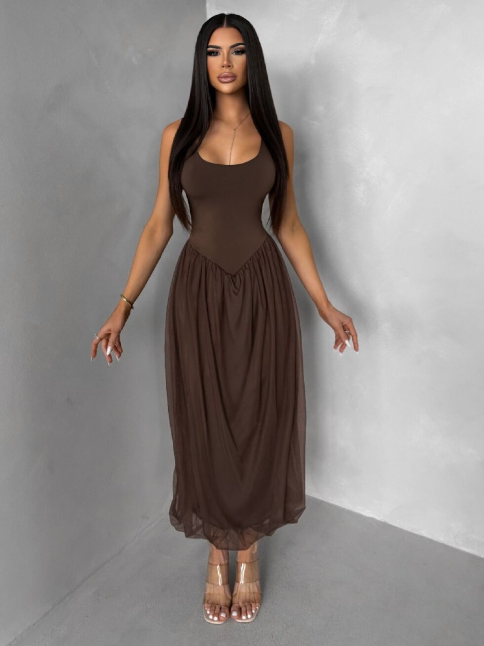 Hnědé tvarující šaty KRYLON s šifonovou sukní