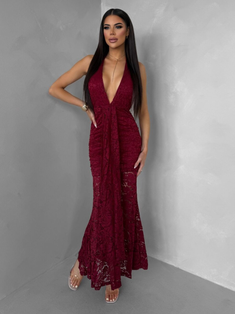 Bordó společenské krajkové dlouhé šaty ZERULON