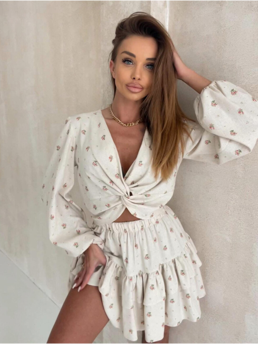 Béžový 100% lněný komplet HEROSSA se sukní