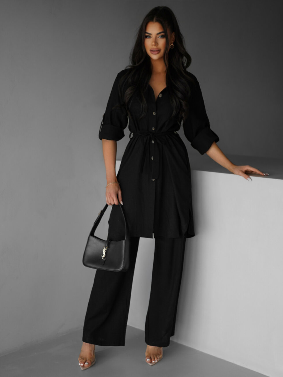 Černý kalhotový dlouhý lněný komplet CHANTALO